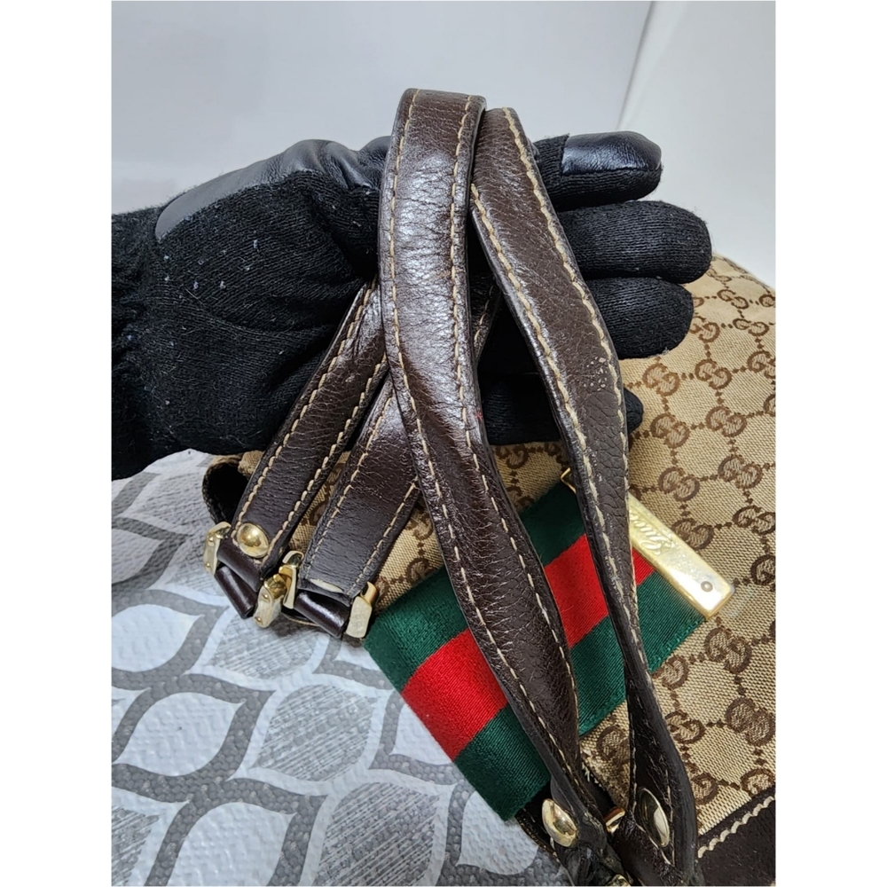 Gucci Beige GG Canvas Tote with Brown Trim and Green-Red Web - Picture 13 of 14